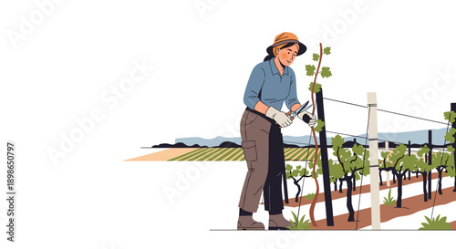 Woman pruning grape vines on farm in sunny outdoor setting  