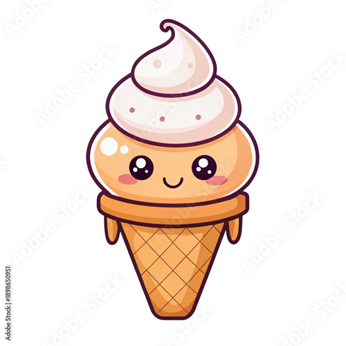 Kawaii ice cream cone character with smiling face and vanilla swirl topping in cartoon style