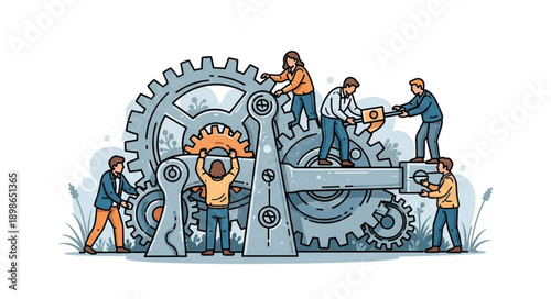 Teamwork and collaboration building a complex mechanism with gears.
