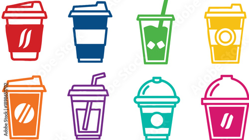 A colorful illustration of various disposable coffee cups and drink containers