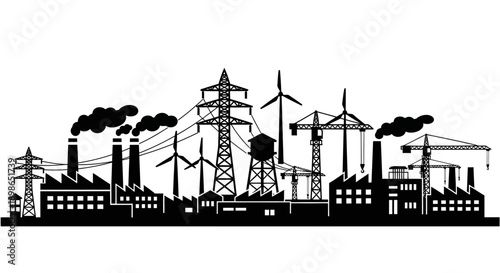 Electric power grid and energy infrastructure illustration with transmission towers renewable turbines and utility network
