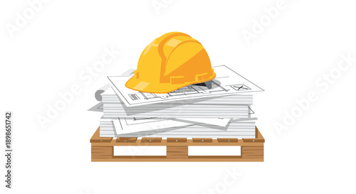 Yellow Hard Hat Resting on Stack of Architectural Blueprints on Wooden Pallet Illustration