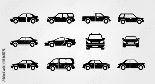 Collection of diverse car silhouettes in black and white.