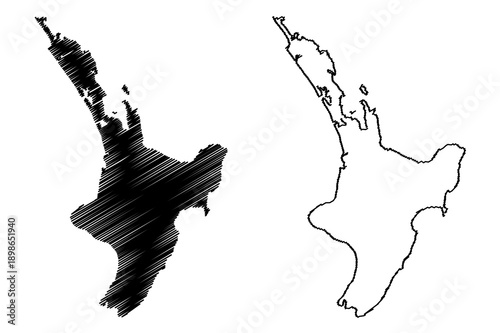North island (New Zealand) map vector illustration, scribble sketch Te Ika-a-Maui map