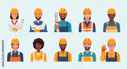 Diverse construction worker team portrait set showing multiple engineers and builders in safety helmets and uniforms
