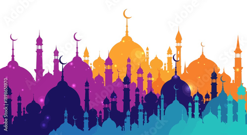 Vibrant mosque silhouettes in colorful cityscape at sunset
