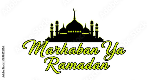 Marhaban Ya Ramadan greeting with mosque silhouette