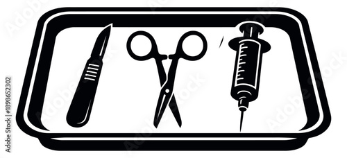 Monochrome surgical icon set featuring a scalpel, scissors, and a syringe on a tray for medical procedures
