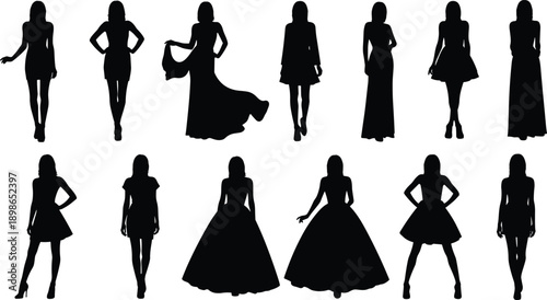 Elegant female silhouettes wearing dresses and gowns, fashion poses collection with standing walking styles, stylish women figures, black vector illustration set