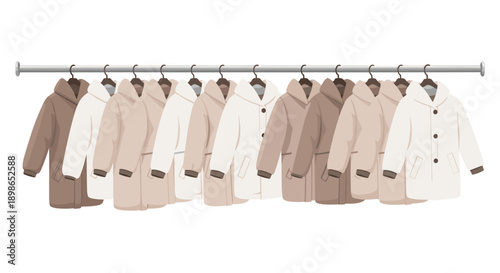 Clothing Rack Displaying Row of Beige and White Winter Coats Illustration on White