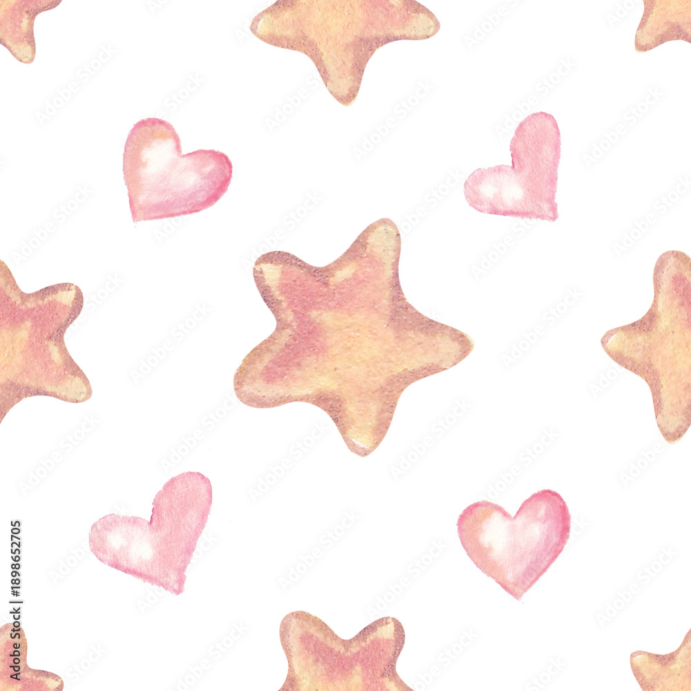 Obraz premium Seamless watercolor pattern with soft pink hearts and pastel stars on a white background. Cute romantic design for Valentine’s Day, nursery decor, wrapping paper, textiles, cards and sweet love themed