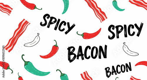 Spicy Bacon Vector Pattern with Red Chili Peppers, Green Jalapenos, and Banana Peppers on White Background