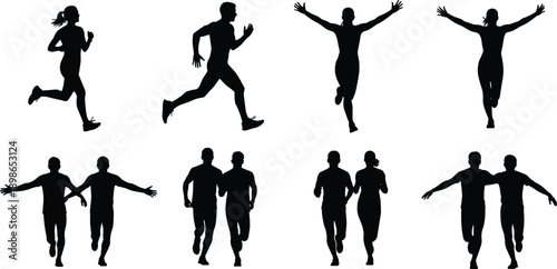 Running people silhouettes showing men and women jogging and celebrating together, fitness teamwork and active lifestyle concepts, dynamic movement poses, black vector illustration set