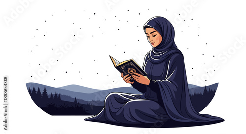 Woman in hijab reading Quran under starry night sky