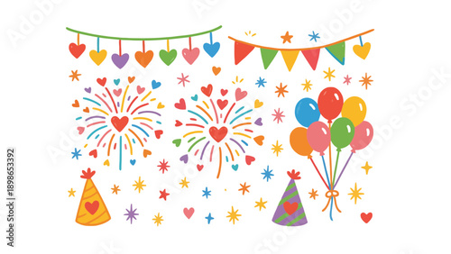 A colorful illustration of party decorations and festive elements on a white background