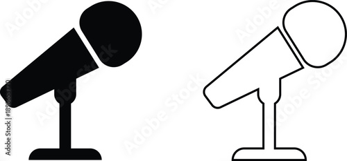 Microphone Audio Equipment Black Flat Line Style Vector Icon Set, Sound Recording Symbol Collection and Music Podcast Outline Graphic Group Featuring Mic, Headset and Earphone