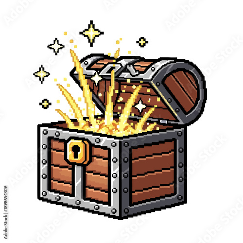 Pixel Art Treasure Chest Bursting with Golden Light and Sparkling Stars.