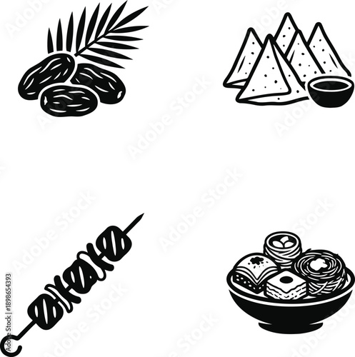 A black and white illustration of various traditional foods from different cultures