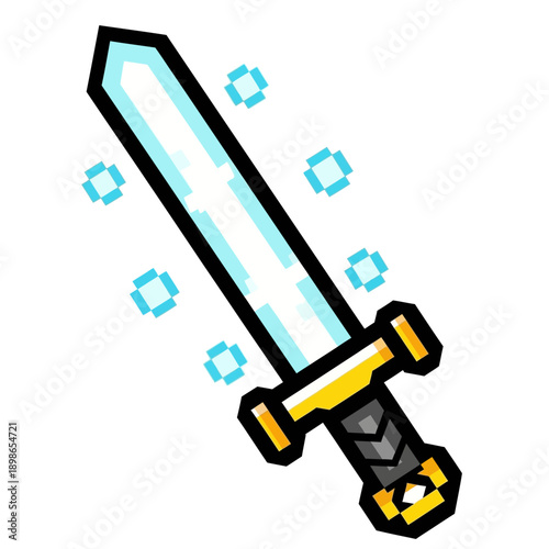 Pixel art magical sword with a glowing blue blade.