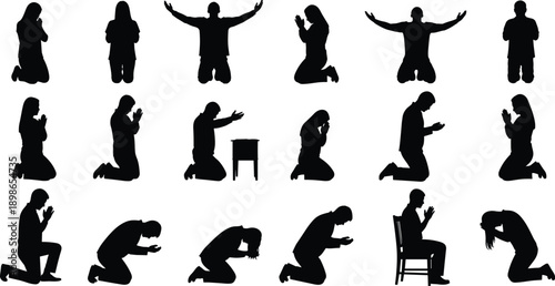 black silhouettes featuring men and women in various prayer positions, kneeling, standing with raised arms, and sitting in humble worship on a white background for religious or spiritual concepts.