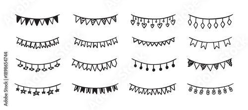 Holiday bunting doodle set. Hand drawn outline birthday garland of flags, hearts, stars, circles. Children doodle drawing