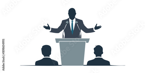 Silhouette of a confident businessman standing behind a podium giving a presentation, gesturing with hands, audience perspective, clean minimalist style.