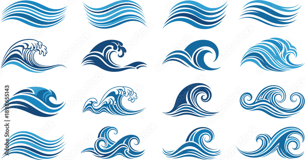 Fototapeta premium Blue Ocean Water Wave Illustration Set Featuring Various Nautical Styles from Minimalist Curves to Powerful Cresting Surf and Decorative Sea Swirls