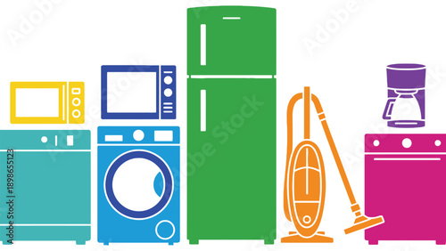 A colorful illustration of various household appliances on a white background