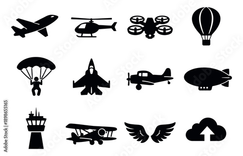 Black silhouette air transport icons set featuring various aircraft and aviation elements for travel and technology