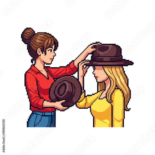 Woman places hat on another woman's head, holding another hat.