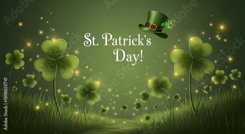 Magical St. Patrick's Day scene with shamrocks and leprechaun hat