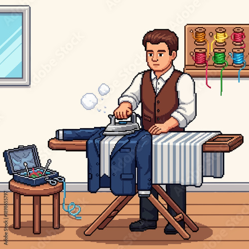 Man ironing a suit on an ironing board with a laptop nearby.