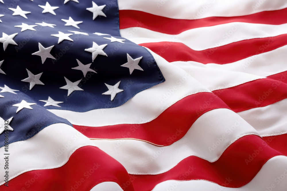 Obraz premium A close-up view of a waving American flag, showcasing its vibrant red and white stripes and the embroidered stars on a deep blue field
