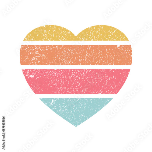 Retro sunset in shape heart. Vintage hearts. Love pattern. Logo symbol California. Icon hearth isolated on white background. Sun set beach. Retro color miami design 70s for prints. Vector illustration