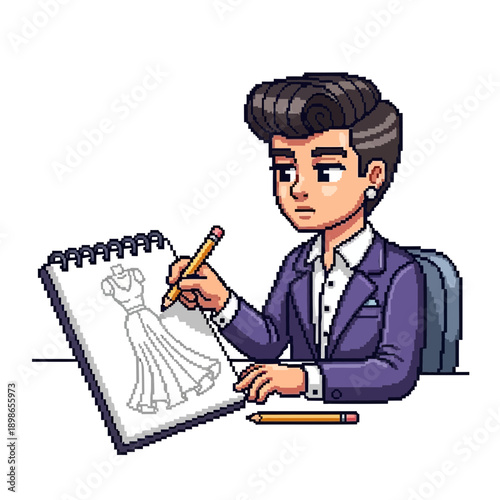 Man in suit drawing a dress on a sketchbook with pencils.
