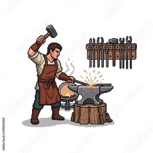 Blacksmith hammers glowing metal on anvil with sparks flying.