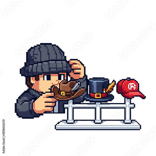 Person wearing a beanie tries on different hats displayed on a rack.