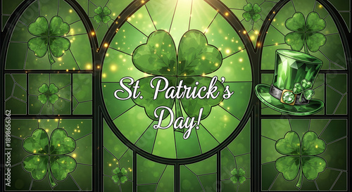 Vibrant St. Patrick's Day stained glass window with shamrocks and hat