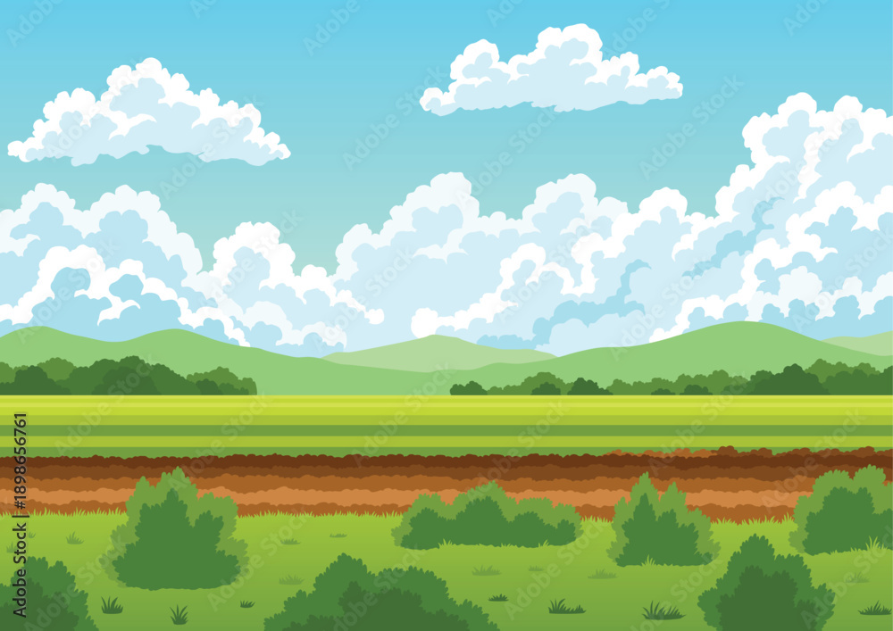 Fototapeta premium Agriculture farming landscape. Countryside land. Plowing the field on rural landscape background. Farm life, soil cultivation. Vector cartoon illustration