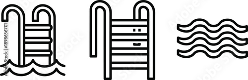 Swimming pool ladder and water wave icon set in bold outline style, ideal for pool safety, summer recreation, hotel, spa and aquatic facility design concepts.