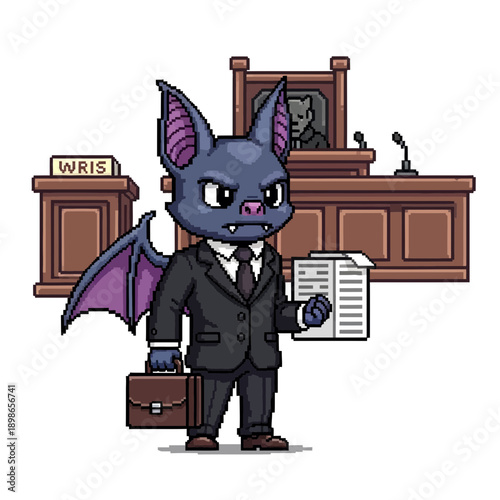 Cartoon bat in a suit holding documents and briefcase in a courtroom.
