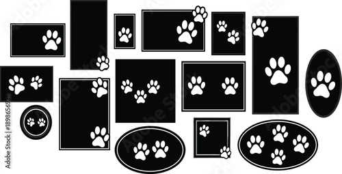 Collection of Black Decorative Photo Frames and Borders Featuring White Dog or Cat Paw Prints in Various Geometric Shapes for Pet Themed Scrapbooking and Design