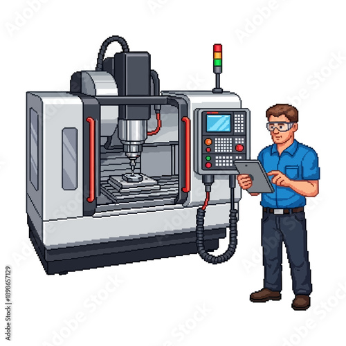 Man operates a modern industrial milling machine with a digital control panel.