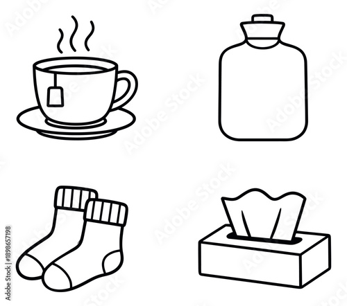 Line art comfort items set featuring hot tea, hot water bottle, warm socks, and tissues for comfort and wellness