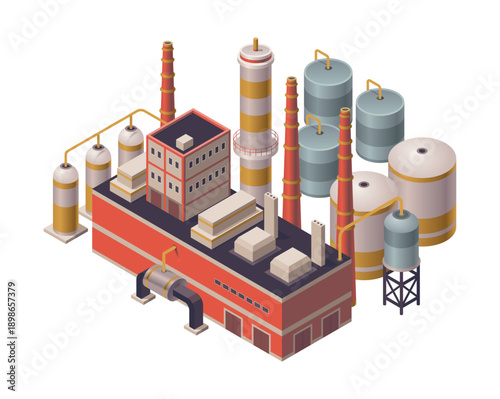 Isometric factory. Concept of industrial plant with chimney tower or pipes. Industrial bulding. 3d isolated icon. Architecture of manufacture house