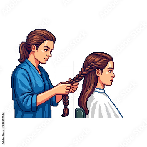 Woman braiding another woman's long brown hair.