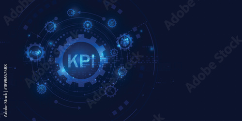 Digital KPI concept with glowing gear icons showing business metrics, teamwork, finance, innovation, and performance analysis in a futuristic design.