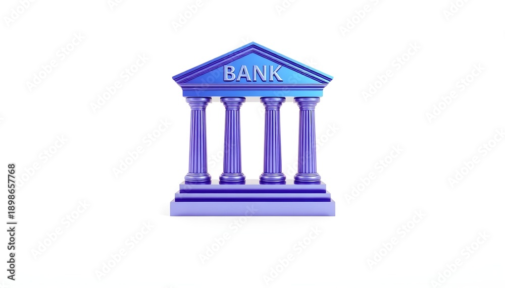 Fototapeta premium A blue illustration of a bank building with columns on a white background.