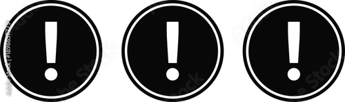 Warning and alert icon set with exclamation marks in solid circular style, ideal for notification, error, caution, attention and user interface safety design concepts.