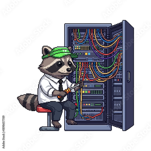 Cartoon raccoon technician working on an open server rack.